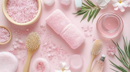 Aesthetic spa still life with bath salt, towel, brush, flowers, and other accessories on a pink background