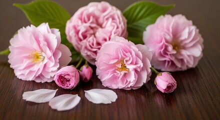 Fototapeta premium Delicate Pink Cherry Blossoms and Petals on a Dark Wooden Surfac