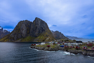Beautiful fishing village Reine, scenic dramatic views of Lofoten islands in Norway.