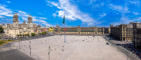 Zocalo Constitution Square in Mexico city, landmark Metropolitan Cathedral and National Palace