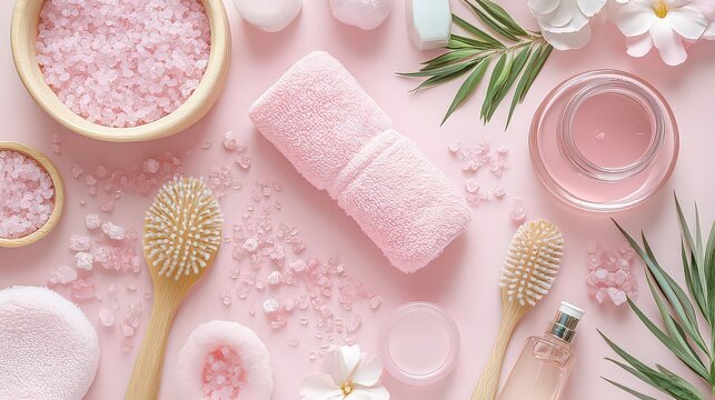 Aesthetic spa still life with bath salt, towel, brush, flowers, and other accessories on a pink background