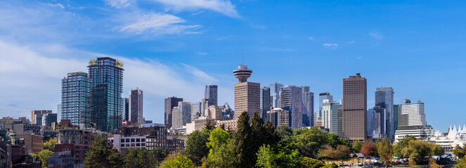 Scenic Vancouver business financial district panoramic skyline in the city downtown.