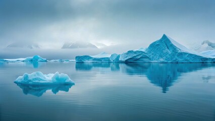 Science research in ice regions glacier iceberg polar arctic ocean fog reflection cold serenity over calm water and blue light