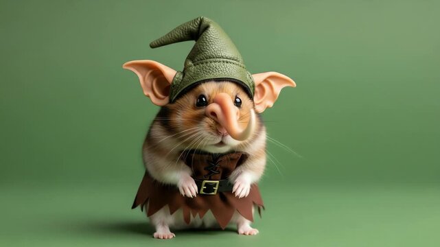 Hamster wearing a gnome hat elf ears and costume