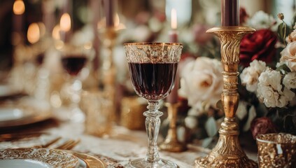 Fototapeta premium Elegant table setting with wine glass and flowers