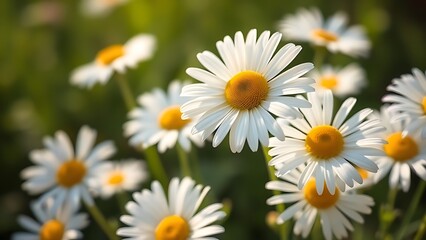 Fototapeta premium Fresh daisies bathed in sunlight with a soft green background, showcasing delicate petals in close-up.