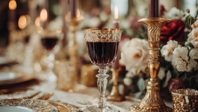 Elegant table setting with wine glass and flowers