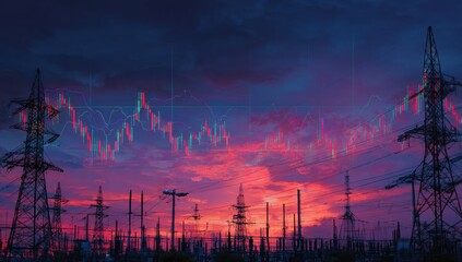 Power lines at sunset with stock charts overlaid