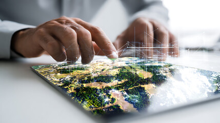 Businessman Analyzing Data on a Digital Tablet with Earth Imagery