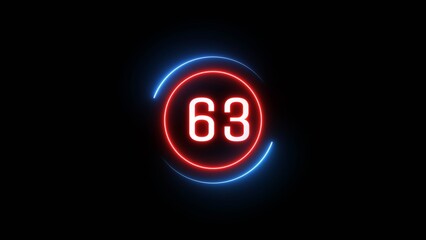 Glowing 63 number illustration. Counting number text illustration.