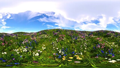 Panoramic view of a colorful flower field under a partly cloudy sky