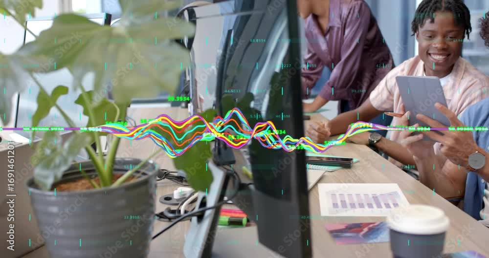 Aufkleber camera panning on two colleagues tapping tablet charts, discussing tech data with pulsing waveform