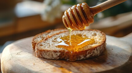 A sticky glob of honey falling from a wooden dipper onto a warm slice of freshly baked bread