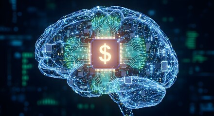 AI Brain with Dollar Sign Chip: Financial Intelligence, Digital Wealth, and Business Technology Concept