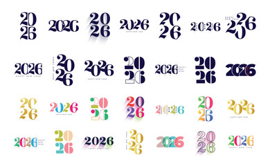 Big Set of 2026 logo text design. 2026 number design template. Collection of 2026 Happy New Year symbols. Vector illustration with labels isolated background.