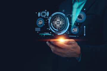 Businessman holding smartphone with holographic AI interface and digital technology icons. Concept of artificial intelligence, data innovation, automation, cloud computing, and future technology.