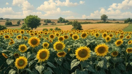 Sunflowers field under a partly cloudy sky