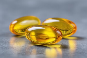 Three yellow gelatin capsules on a gray surface