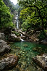 Fototapeta premium Pristine waterfall cascading into a tranquil pool, surrounded by lush greenery