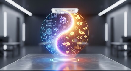 Digital Tech & Nature Harmony: Futuristic Yin Yang Balance for Sustainability