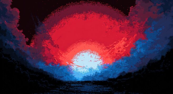 Pixelated sunset over a dark landscape