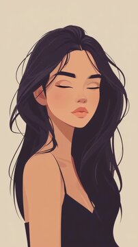 Elegant minimalist portrait of a stylish young woman with flowing black hair in a sleek black dress, soft beige studio background, modern vector video illustration