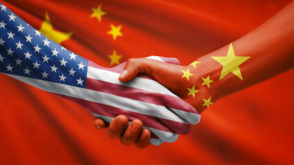 hand in the colors of the US flag shakes hands in the colors of China against the background of the Chinese flag