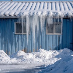 Winter scene on a blue building