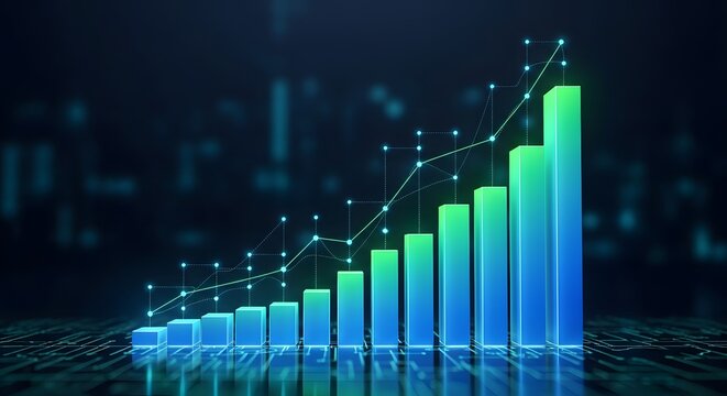 Growing Digital Bar Chart with Upward Trend & Line Graph for Business Growth, Success, & Data Analysis