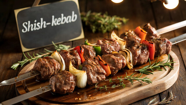 A photograph of a perfectly grilled lamb shashlik skewer resting on a rustic wooden platter. The meat is tender and glistening with flavorful marinade, interspersed with colorful bell peppers and onio