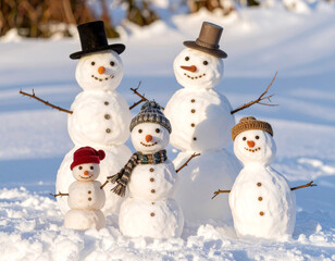 Six snowmen with different hats and scarves standing on fresh snow, festive outdoor scene symbolizing winter celebration, unity, and holiday cheer.