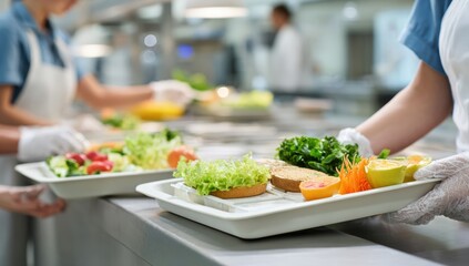 Hospital food service.  Hospital staff serving lunch