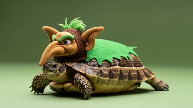 Turtle with a cartoonish goblin costume