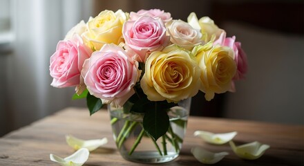 Dew-Kissed Roses: A Pastel Bouquet in Clear Vase on Rustic Woode
