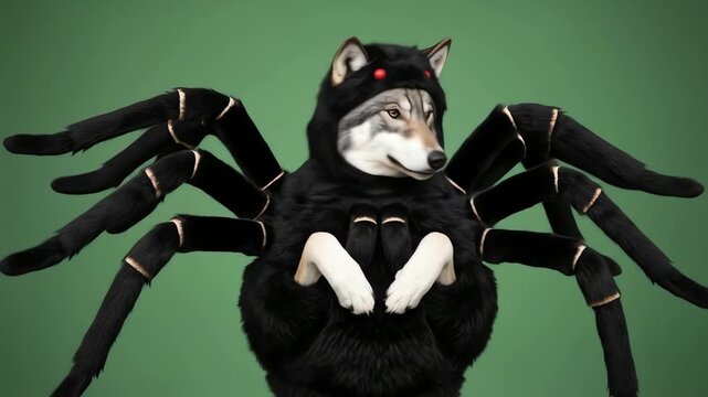Wolf in a spider costume with eight legs and red eyes