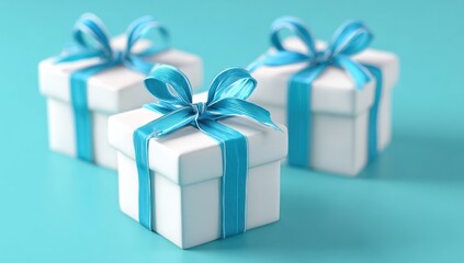 Three white gift boxes with teal ribbons