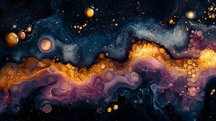 Abstract cosmic swirls of gold, purple, and blue paint.