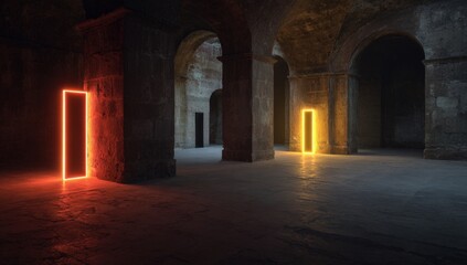 Neon doors in ancient hallway