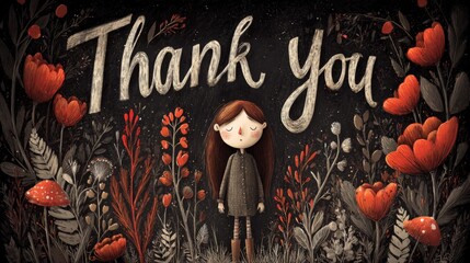 Thank You Illustration with Floral Border, Expressing Gratitude and Appreciation, Perfect for Greetings and Celebrations