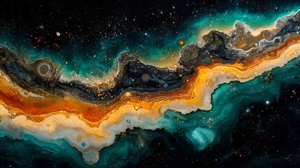 Abstract cosmic nebula with swirling teal, gold, and black colors.