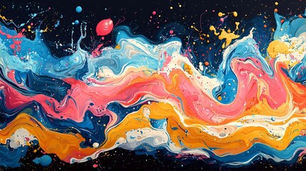 Abstract colorful paint swirls and splatters on black background.