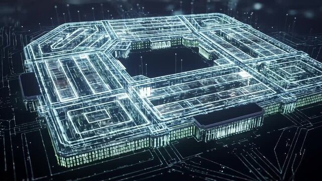 Futuristic blueprint of the Pentagon building rendered in glowing lines