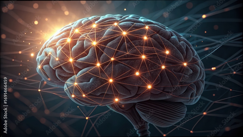 Poster close-up glowing nodes on dark brain with connections in background