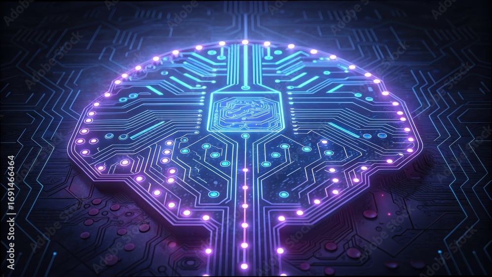 Poster glowing circuit board with pathways and standard design elements