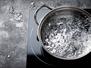 Boiling Water in Stainless Steel Pot on Induction Cooktop, Grey Background, Close-up View