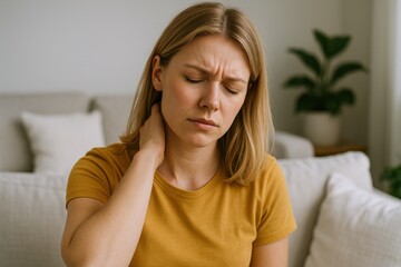 Woman Experiencing Neck Pain: Health Problems, Discomfort, and Muscle Tension While Resting at Home