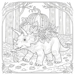 Naklejka premium Triceratops with Pumpkin in Autumn Forest Coloring Page Vector