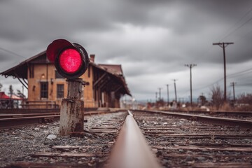 Red signal light on railway tracks