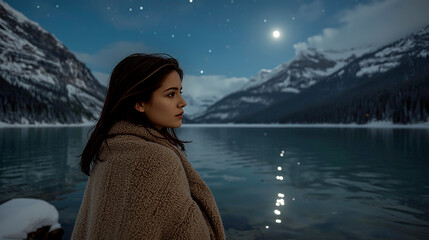A young attractive woman sitting by a mountain lake at night under a full moon, wrapped in a thick blanket, clear starry sky, moonlight reflecting on the water, quiet and peaceful atmosphere.