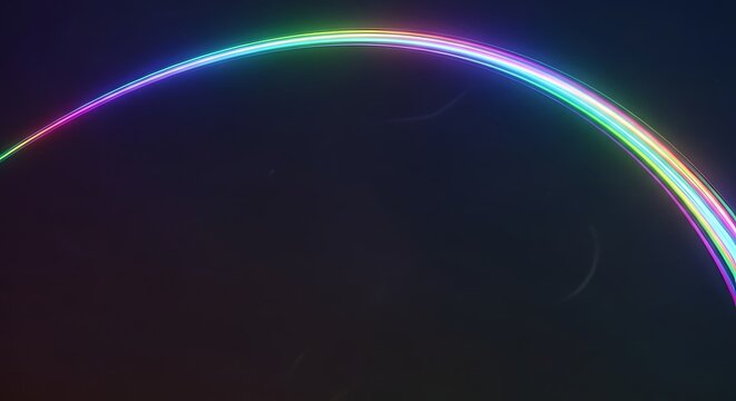 Curved rainbow-hued light streak across dark background.